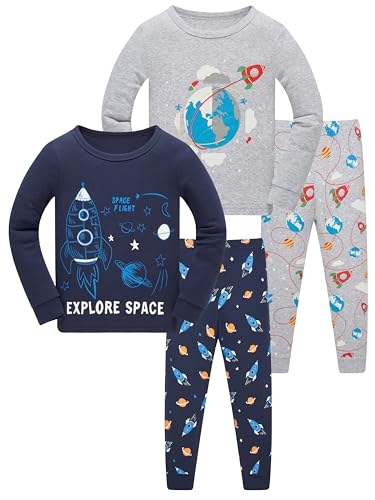 SOIBEEN Pyjamas für Jungen Space Rocket Nachtwäsche Baumwolle Kleinkind Kleidung Kinder Nachtwäsche Langarm PJs Set 4-teiliges Outfit Xmas Geschenk 5 Jahre von SOIBEEN