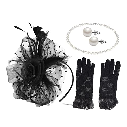 SOIMISS 1 Satz Cocktailparty-Hut Frauen Handschuhe Damenhüte, Mützen Fascinator Stirnband kurze Tüllhandschuhe elegant retro styles veil Fascinator-Hüte für Frauen Tea-Party-Hüte abs Black von SOIMISS