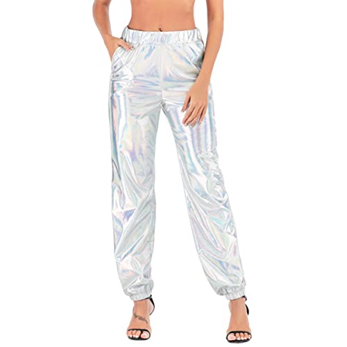 SOIMISS 1Pc Glitzernde Tragen Hohe Hosen Freizeit Damen Jogger Größe Frauen Glänzend Lose Taille Mädchen Dame Holografische Taschen Tragen Hose Straße Stilvoll mit Metallic für von SOIMISS