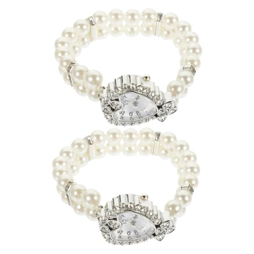 SOIMISS 2 Stück Elegante Damen Armbanduhr mit Doppelreihigem Perlenarmband Herzförmiges Design Elastisches Quarzuhr Armband für Party und Besondere Anlässe Teiliges von SOIMISS