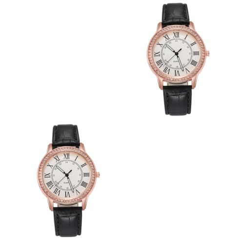 SOIMISS 2stücke Damen Armbanduhr Mit Quarzwerk Und Strass Elegante Casual Uhr Für Frauen Und Langlebig Für Freizeit Und Partys Schwarzes Lederarmband von SOIMISS
