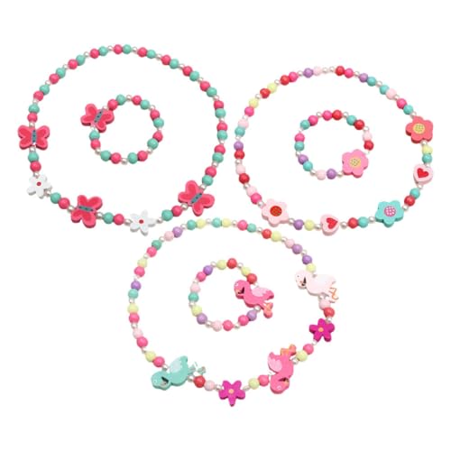 SOIMISS 3 Sätze Teiliges Holzperlen Schmuckset für Mädchen Bunte Kinderschmuck Kette und Armband mit Blumen Flamingo Schmetterlingsmotiven Geschenk für Geburtstagsfeiern und Mottopartys von SOIMISS