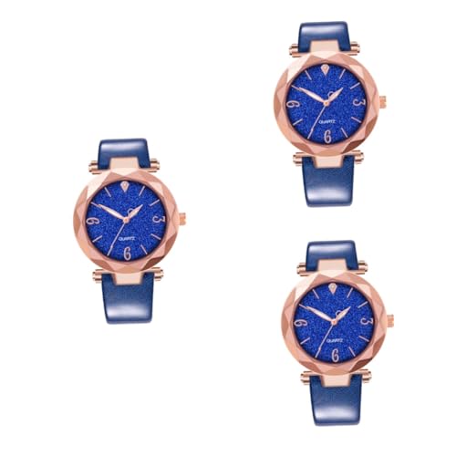 SOIMISS 3stücke Casual Damen Quarz Armbanduhr Mit Lederarmband Und Strass Zifferblatt Stilvolle Und Bequeme Uhr Für Jeden Anlass Blau von SOIMISS