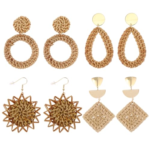 SOIMISS 4 Paare Rattan-ohrringe Makramee-ornamente Braid Ohrringe Handmade Rattan Ohrring Creolen Aus Ohrjacken- Für Frauen Boho Drop Quaste Geschenk Fräulein von SOIMISS