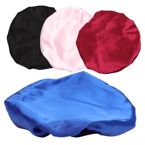 SOIMISS 4 Stück Teiliges Satin Schlafhauben mit Breitem Elastischem Stirnband Glättende Haarschutzmütze für Damen Frizzfreie Schlafmütze in Schwarz Blau und Rosa Wiederverwendbar und von SOIMISS
