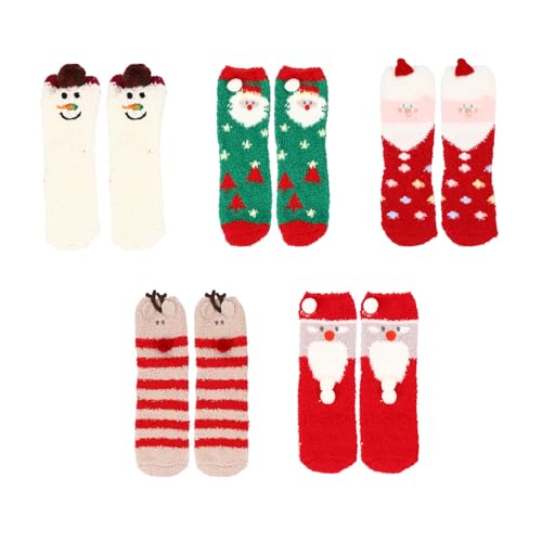 SOIMISS 5 Paar Kuschelsocken Damen | Socken Hausschuhe| weiche Flauschsocken | Bettsocken Weihnachts-Weihnachtsmann- und Elchmuster Socken von SOIMISS