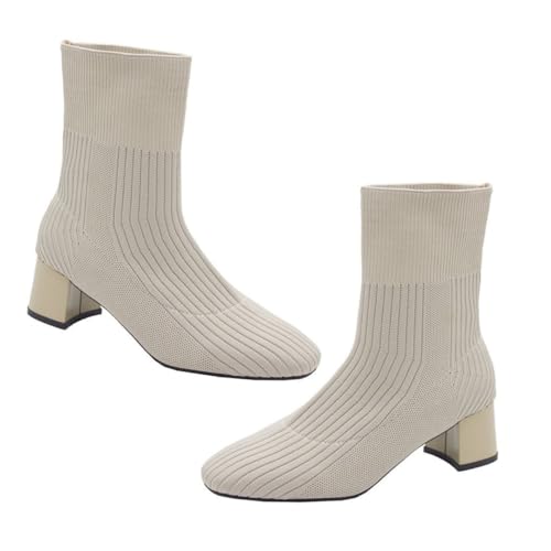 SOIMISS Damen Strickstiefel Herbst Chunky Heel Boots mit Quadratischer Spitze Dicker Absatz Gewebtes Obermaterial Bequeme Mode für Alltag und Festliche Anlässe Beige von SOIMISS