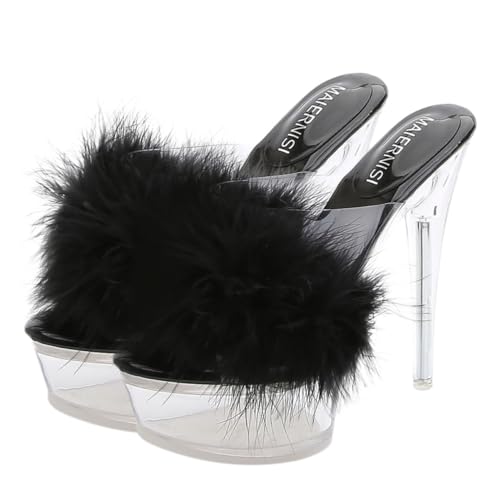 SOIMISS Fluffy High Heel Sandalen Damen Stilvolle Dünne Absatzpantoletten mit Weichem Fellbesatz Modische Transparente Kristall slipper für Party und Alltag Geschenkidee für Frauen von SOIMISS