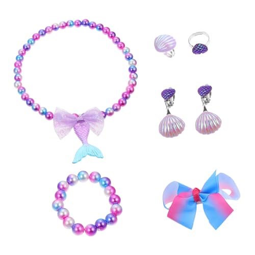SOIMISS Meerjungfrau Schmuckset für Mädchen Teilig Perlenschmuck mit Verstellbarem Ring Ohrclips Halskette und Armband Komfortabel für Party Tanz und Alltag Langlebiges Kinderschmuck von SOIMISS