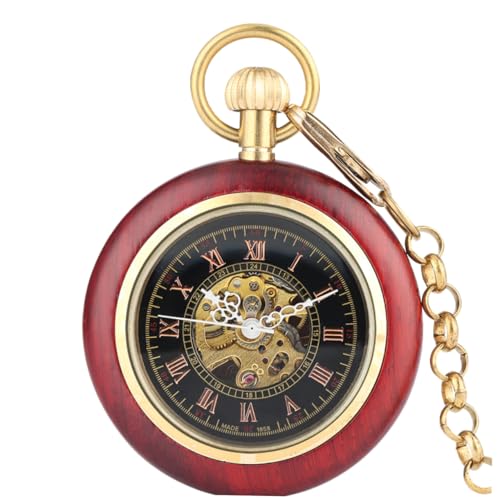 SOIMISS Vintage Taschenuhr mit Römischen Zahlen Mechanische Retro Uhr aus Rotkupfer mit Holzmaserung Kettenanhänger für Herren und Ältere Personen Langlebige Legierung und Glas von SOIMISS