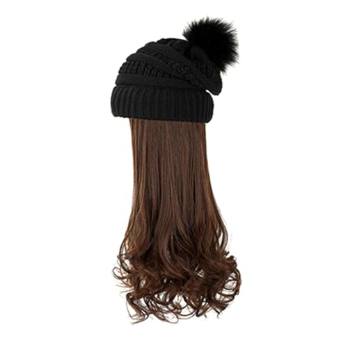 SOIMISS Warme Strickmütze mit Abnehmbarer Langer Gewellter Perücke aus Hitzebeständigem Material Elastische Haarkappe für Damen Natürliche Haarlinie Bequemes Design für Winterpartys und von SOIMISS