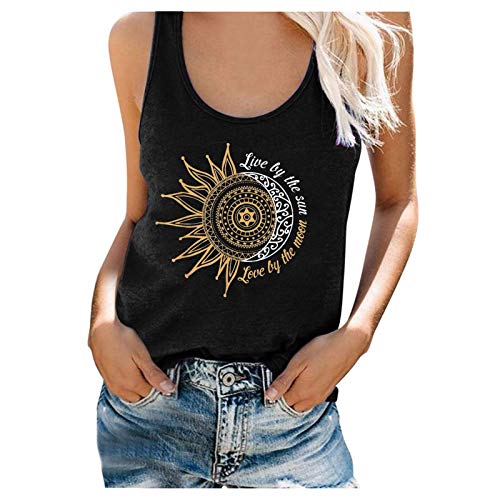 SOIUTAO Sommertop für Damen Tanktop Loose Fit Tank Tops Ärmellose Shirts Spaghettiträger Monddruck Elegant Mode Camisole Gemütlich Hemd Sommerweste Rundhalsausschnitt Sommerwesten, Schwarz, L von SOIUTAO