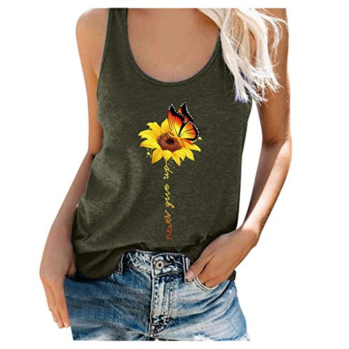 SOIUTAO Damen Tanktop Sonnenblumendruck Loose Fit Tank Tops Ärmellose Shirts Spaghettiträger Monddruck Mode Camisole Gemütlich Hemd Schmetterlingsdruck Sommerweste Rundhalsausschnitt, Armeegrün-2, XL von SOIUTAO