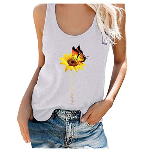 SOIUTAO Damen Tanktop Sonnenblumendruck Loose Fit Tank Tops Ärmellose Shirts Spaghettiträger Monddruck Mode Camisole Gemütlich Hemd Schmetterlingsdruck Sommerweste Rundhalsausschnitt, Weiß-2, L von SOIUTAO