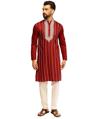 Sojanya (Seit 1958 Herren Baumwolle Seide Elegant Hals Bestickt Kurta mit weißem Pyjama, Kastanienbraun und Weiß, Large von SOJANYA
