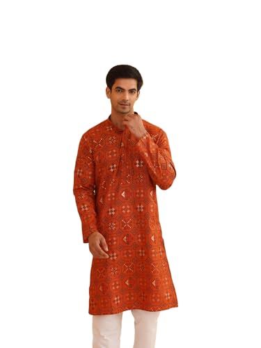 Sojanya (Seit 1958 ist die Herren-Baumwollmischung nur lange Kurta bedruckt, Orange/Abendrot im Zickzackmuster (Sunset Chevron), XX-Large von SOJANYA
