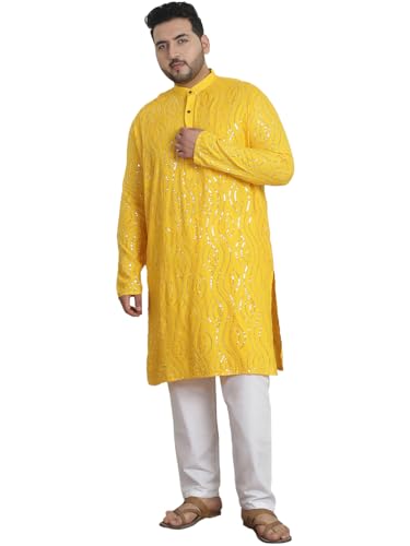 Sojanya Plus (seit 1958) Herren Designer Kurta aus reiner Baumwolle mit weißem Churidar Pyjama, Senf, 7X-Large von SOJANYA