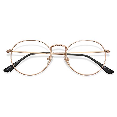 SOJOS Blaulichtfilter Brille Herren Damen Ohne Stärke Bildschirmbrille Computerbrille Vintage-orientiertes Rund Design Fake Brille SJ5024 mit Rosa Gold Rahmen/Anti Blaulicht Linse von SOJOS