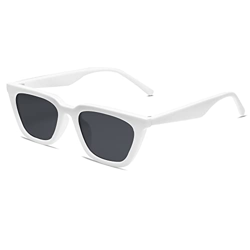 SOJOS Cateye Sonnenbrille Damen Polarisiert Vintage Retro Eckig Coole Frauen Schmale UV400 Schutz Klassische Outdoor Moderne Sonnenbrillen SJ2169 mit Weißer Rahmen/Graue Linse von SOJOS