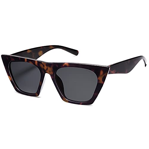 SOJOS Sonnenbrille Damen Polarisiert Vintage, Sonnenbrille Herren Retro Groß Cateye Verspiegelt Eckig Coole Frauen 90er Jahre Rechteckige Mode Unisex UV400 Brille SJ2115, Dunkles Schildpatt/Grau von SOJOS