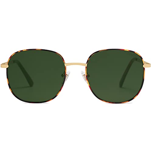 SOJOS Designer Rund Rechteckig Sonnenbrille Flat Verspiegelt Linse Metallrahmen SJ1137 (C20 Tortoise Rahmen/GrünLinse) von SOJOS