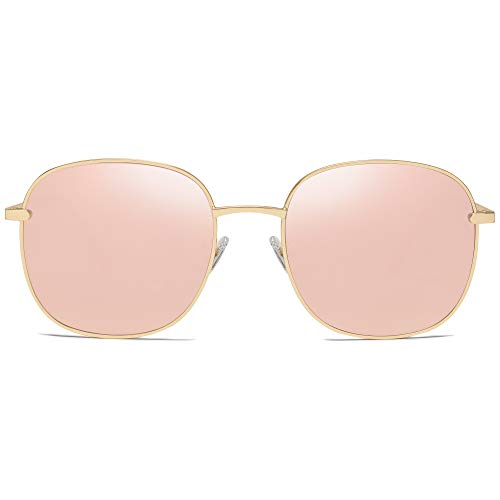 SOJOS Designer Rund Rechteckig Sonnenbrille Flat Verspiegelt Linse Metallrahmen SJ1137 mit Gold Rahmen/Rosa Verspiegelte Linse von SOJOS