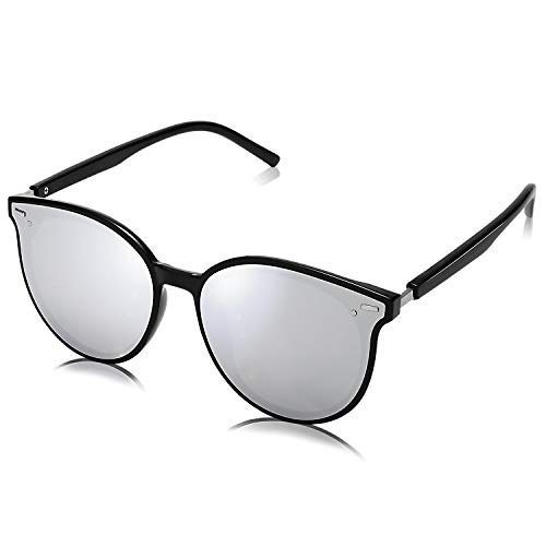 SOJOS Klassisch Retro Runde Sonnenbrille Damen Herren Groß Brille SJ2067 mit Schwarz Rahmen/Silber Linse von SOJOS