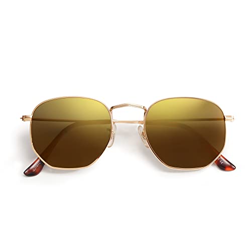 SOJOS Mode Polygon Sonnenbrille Damen Herren Verspiegelte Polarisiert Linse Leichte Unisex Brille SJ1072 mit Gold Rahmen/Gold Linse von SOJOS