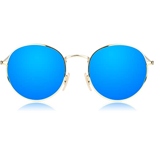 SOJOS Mode Rund Polarisiert Damen Herren Sonnenbrille Linsees Unisex Sunglasses SJ1014 mit Gold Rahmen/Blau Linse von SOJOS