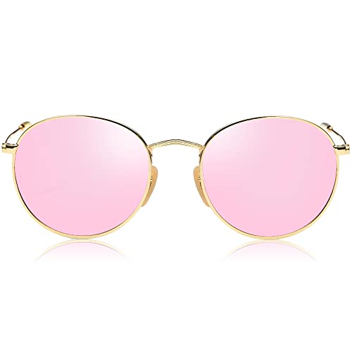 SOJOS Mode Rund Polarisiert Damen Herren Sonnenbrille Linsees Unisex Sunglasses SJ1014 mit Gold Rahmen/Rosa Linse von SOJOS