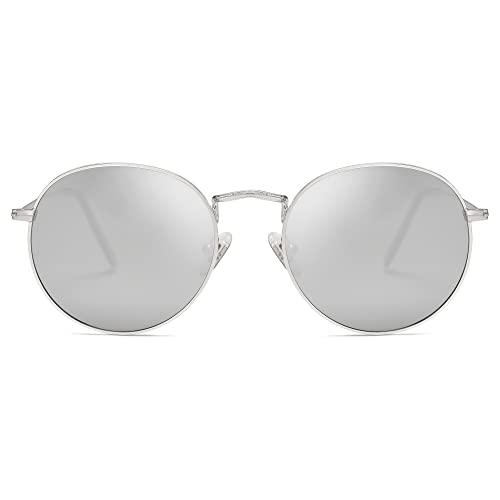 SOJOS Mode Rund Polarisiert Damen Herren Sonnenbrille Mirrored Linsees Unisex Sunglasses SJ1014 mit Silber Rahmen/Silber Linse von SOJOS