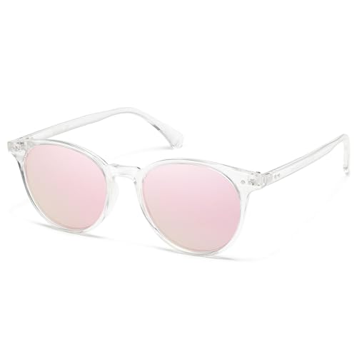 SOJOS Polarisiert Runde Sonnenbrille Damen Herren Retro Vintage UV400 Schutz Runde Kleine für Schmales Gesicht MAY SJ2113 mit Kristall Rahmen/Rosa Verspiegelte Linse von SOJOS