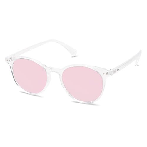 SOJOS Polarisiert Runde Sonnenbrille Damen Herren Retro Vintage UV400 Schutz Runde Kleine für Schmales Gesicht MAY SJ2113 mit Kristall Rahmen/Rosa Verspiegelte Linse von SOJOS