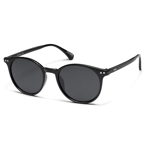 SOJOS Polarisiert Runde Sonnenbrille Damen Herren Retro Vintage UV400 Schutz Runde Kleine für Schmales Gesicht MAY SJ2113 mit Schwarzer Rahmen/Graue Linse von SOJOS