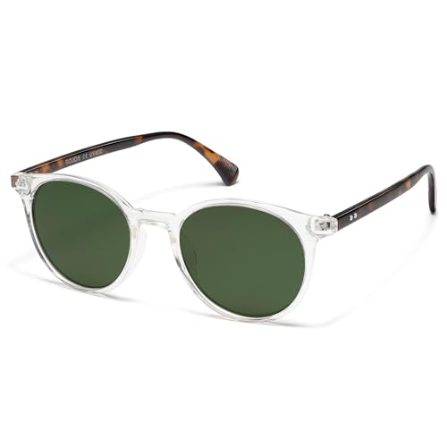 SOJOS Polarisiert Runde Sonnenbrille Damen Herren Retro Vintage UV400 Schutz Runde Kleine für Schmales Gesicht MAY SJ2113 mit Klar Rahmen/Grüner Linse von SOJOS