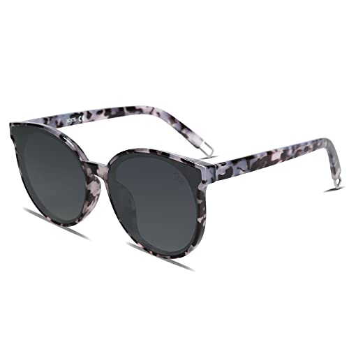 SOJOS Polarisierte Sonnenbrillen Damen Groß, Rund Herren Retro Vintage UV400 Schutz Brille SJ2057 Schwarz Marmor Rahmen/Graue Linse von SOJOS