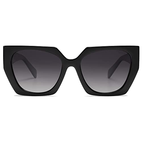 SOJOS Sonnenbrille Damen Polarisiert Vintage, Retro Cateye Sonnenbrille Verspiegelt Groß Eckig Schwarz Modern UV400 Katzenauge Brille SJ2205 mit Schwarz Rahmen/Farbverlauf Grau Linse von SOJOS