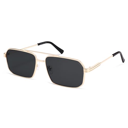 SOJOS Retro Rechteckige Sonnenbrille Groß Herren Damen Vintage Double Bridge Polarisierte Metallrahmen UV400 Schutz Brille outdoor für Fahren Angeln Reisen SJ1246 von SOJOS