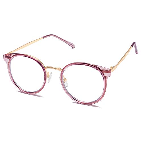 SOJOS Retro Rund Blaulichtfilter Brille Damen TR90 Computer-Brille ohne Sehstärke SJ5055 mit Klar Violett Rahmen/Anti-Blaulicht Linse von SOJOS