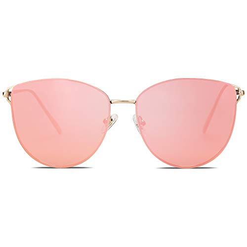 SOJOS Retro Runde Katzenaugen Sonnenbrille Mirrored Metall Flach Linsen SJ1085 Gold Rahmen/Dunkelrosa Linse von SOJOS