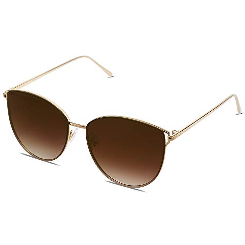 SOJOS Retro Runde Katzenaugen Sonnenbrille Mirrored Metall Flach Linsen SJ1085 mit Gold Rahmen/Verlauf Braun Linse von SOJOS