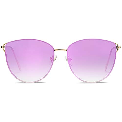 SOJOS Retro Runde Katzenaugen Sonnenbrille Mirrored Metall Flach Linsen SJ1085 mit Gold Rahmen/Verlauf Violett Linse von SOJOS