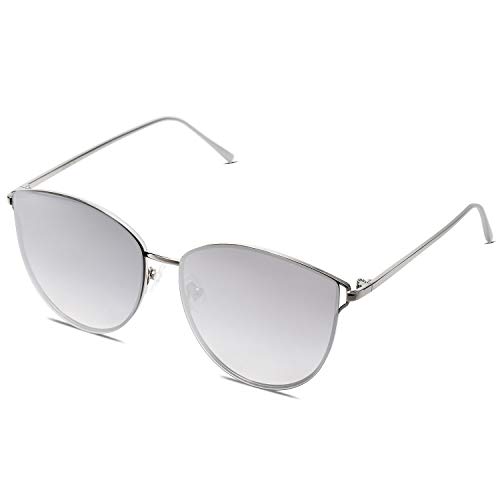 SOJOS Retro Runde Katzenaugen Sonnenbrille Mirrored Metall Flach Linsen SJ1085 mit Silber Rahmen/Silber Linse von SOJOS