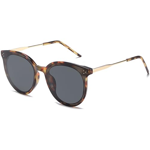 SOJOS Retro Sonnenbrille Damen Hochwertige Vintage Runde Brille Übergroß UV 400 Schutz mit Federscharnier, Brilletuch und Brillenbeutel DOLPHIN SJ2068 Demi Rahmen/Grau Linse von SOJOS