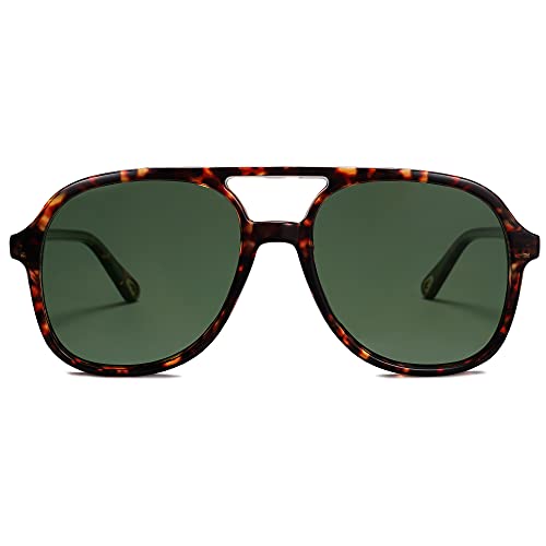 SOJOS Sonnenbrille Herren Damen Retro, Vintage Polarisiert Verspiegelt Eckig 70er Jahre Rechteckig Unisex UV400 Schutz Brille SJ2174, Braun Schildpatt/Grün von SOJOS