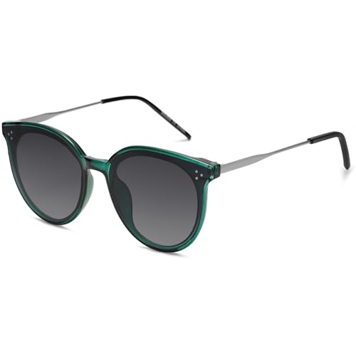 SOJOS Retro Vintage Sonnenbrille Damen Hochwertige Runde Cateye Brille Übergroß UV 400 Schutz mit Federscharnier, Brilletuch und Brillenbeutel DOLPHINGrün/Grau von SOJOS