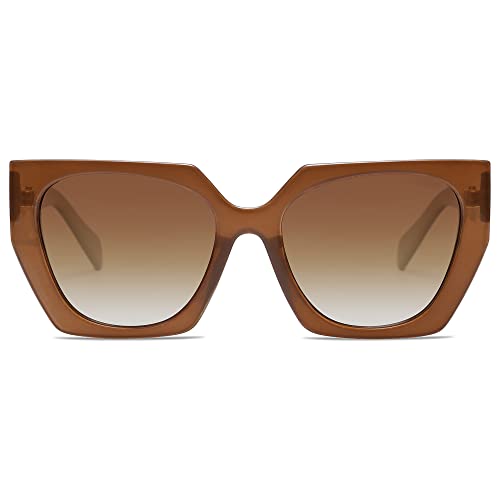 SOJOS Sonnenbrille Damen Polarisiert Vintage, Retro Cateye Sonnenbrille Verspiegelt Groß Eckig Schwarz Modern UV400 Katzenauge Brille SJ2205 mit Karamell Braun Rahmen/Braun Linse von SOJOS