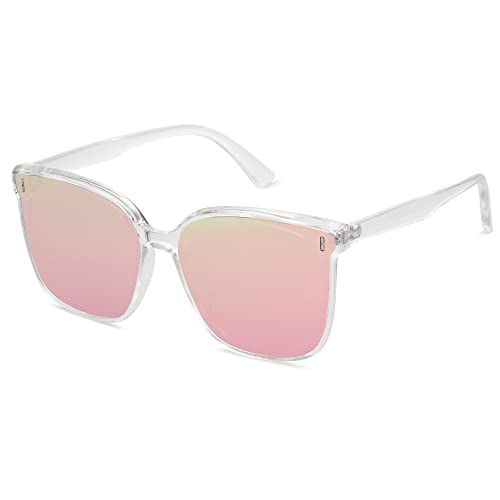 SOJOS Sonnenbrille Herren Damen Verspiegelt, Retro Vintage Groß Eckig Schwarz Coole Klassisch Rechteckig UV400 Schutz Unisex Brille SJ2157, Klar/Rosa von SOJOS