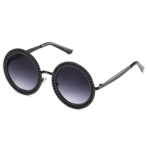 SOJOS Sonnenbrille Runde Rahmen mit Kristall Groß Retro Damen SJ1095 mit Schwarz Rahmen/Grau Linse von SOJOS