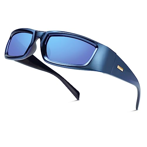 SOJOS Sport Polarisierte Sonnenbrille Herren Damen Wickeln um Vintage Rechteckige Verspiegelt Brille Mit UV400-Schutz SJ2241 mit Blau Rahmen von SOJOS
